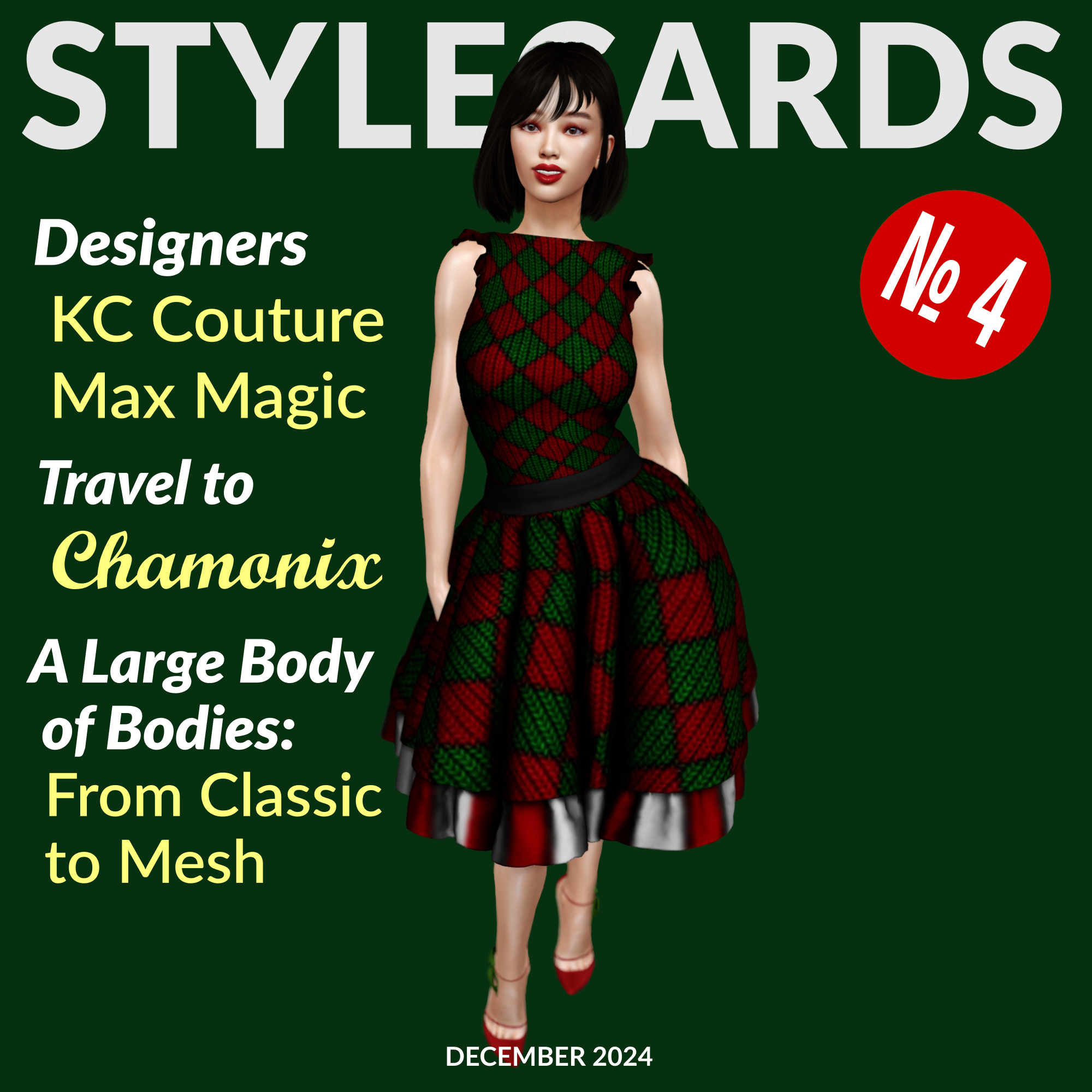 The cover of Stylecards № 4 features model Ivy Wong wearing a festive dress with Christmas-inspired colors by Floor Candy.