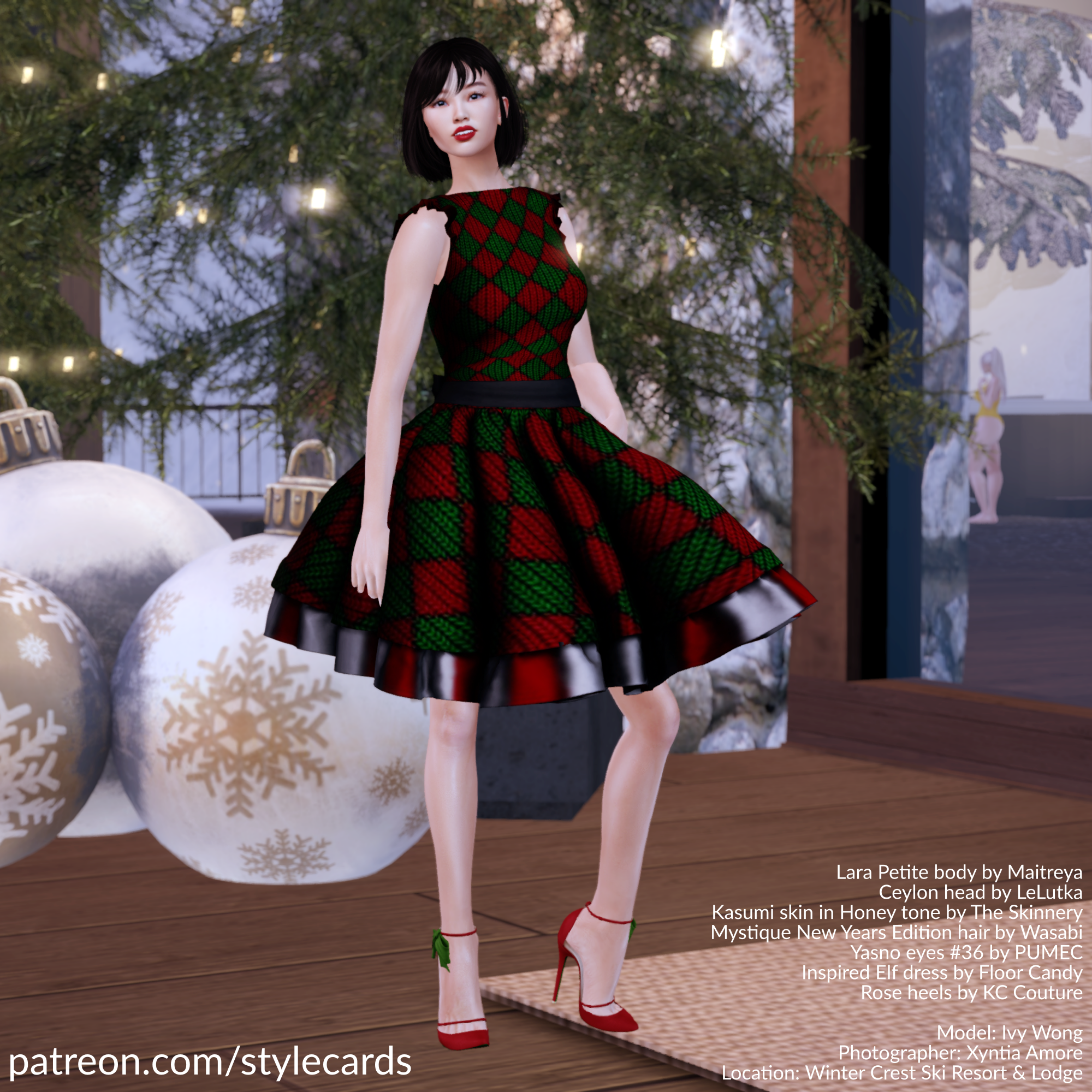 Ivy Wong poses in a red and green diamond-patterned dress while standing in front of a Christmas display at Winter Crest Ski Resort and Lode in Second Life. On her feet are a pair of red high heels with green bows from KC Couture.