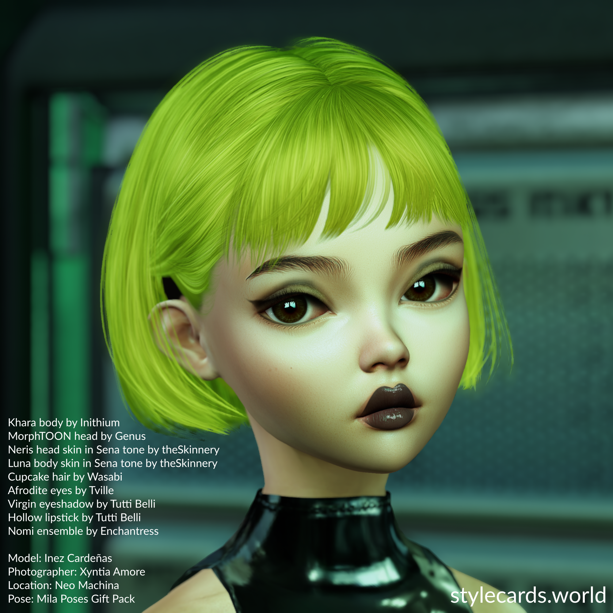 A headshot of new model Inez Cardeñas while she's wearing short, nean green hair from Wasabi, and makeup from Tutti Belli. She is standing in front of a rack of computers which has been blurred by depth-of-field.