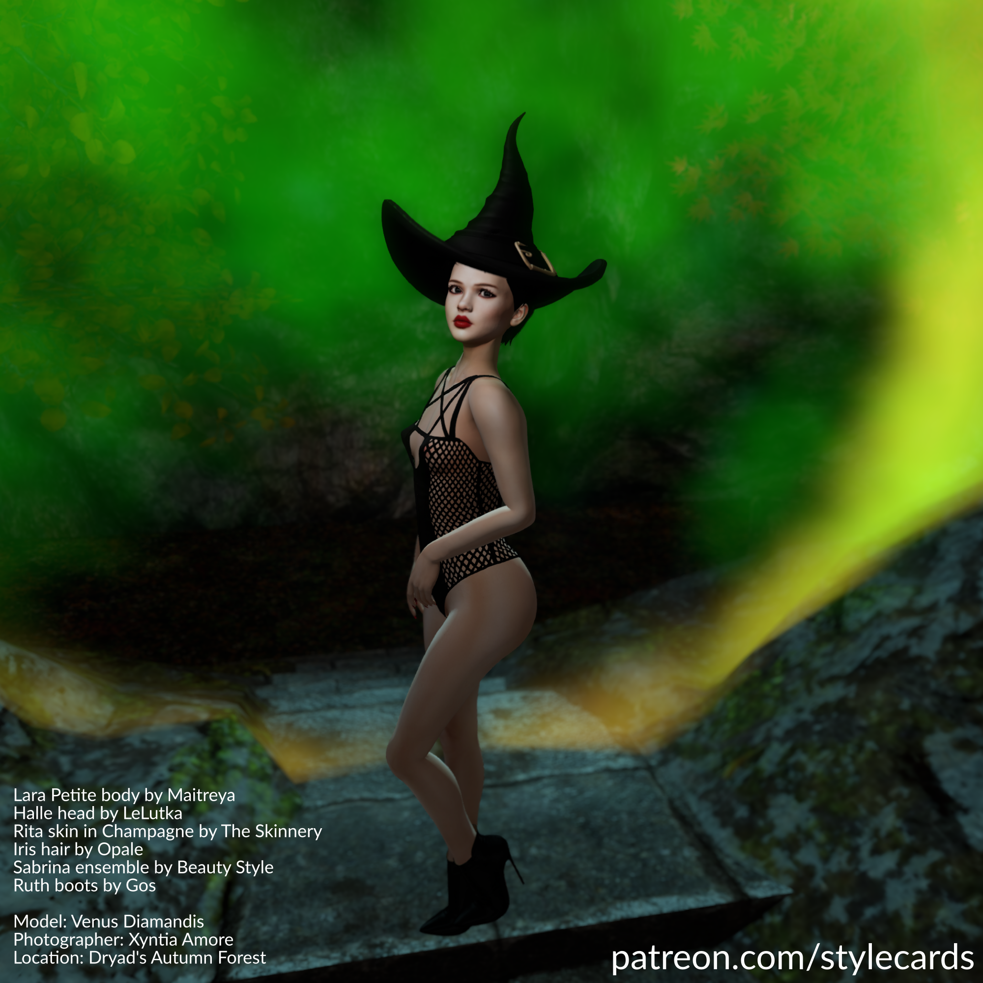 Artificial Idol Venus Diamandis stands in front of a cloud of green smoke in the Second Life location of Dryad's Autumn Forest. As part of the Sabrina ensemble by Beauty Style she is wearing a black bodysuit with mesh sides and a black witches hat, while she is wearing high heeled Ruth boot by Gos to finish off the look.